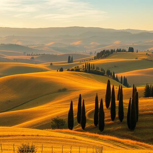 Campagna toscana con colline e cipressi.