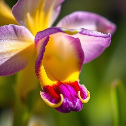 Close-up di una rara orchidea selvatica con petali viola e gialli, scoperta nel Parco Nazionale del Gran Paradiso.