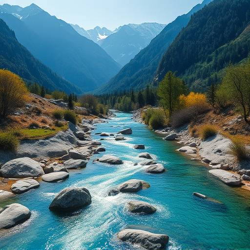 Immagine di un fiume cristallino che scorre tra le montagne.