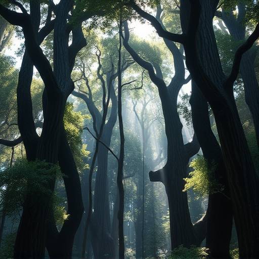Immagine di una fitta foresta con alberi secolari.