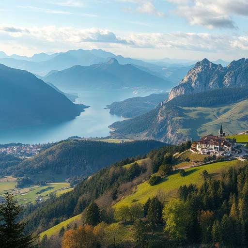 Paesaggio della Lombardia con montagne e laghi.