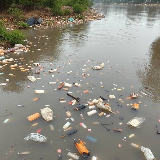 Un fiume inquinato con rifiuti di plastica galleggianti sulla superficie dell'acqua.