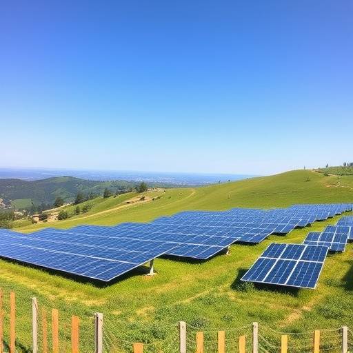 Un vasto campo di pannelli solari che si estende su un terreno collinare in Sicilia, con il cielo azzurro sullo sfondo.