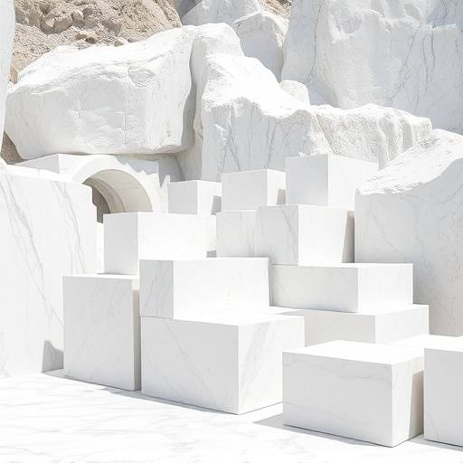 Una cava di marmo di Carrara con blocchi di marmo bianco.