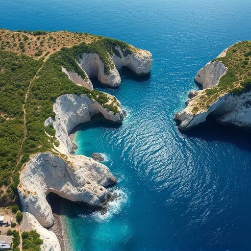 Veduta aerea della costa adriatica con scogliere e vegetazione mediterranea.